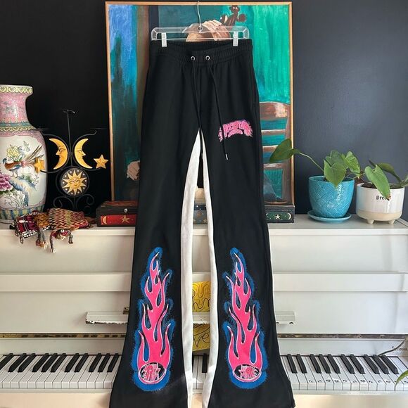 Rockstar Original Size M Flame Track Pants Stacked Flared Leg in Black - Picture 14 of 14